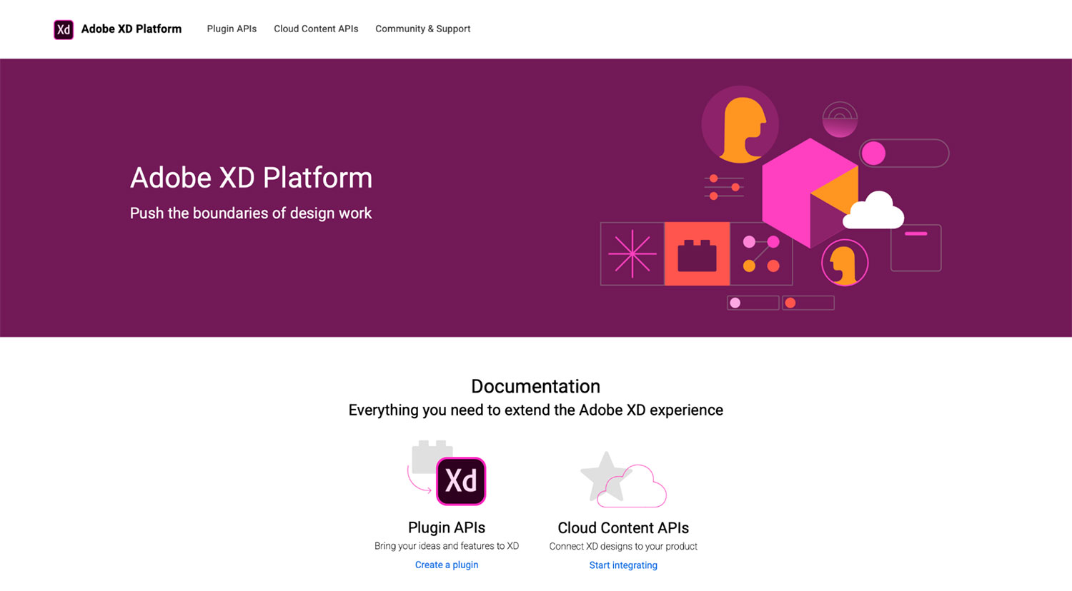 Adobe XD Platform homepage with the tagline “Push the boundaries of design work” and options for Plugin and Cloud Content APIs