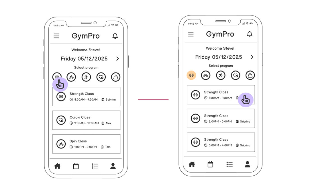 Mobile app wireframe showing before-and-after views of selecting a strength class and filtering program options in a gym schedule interface.
