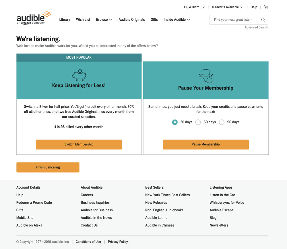 Cancellation page button design example
