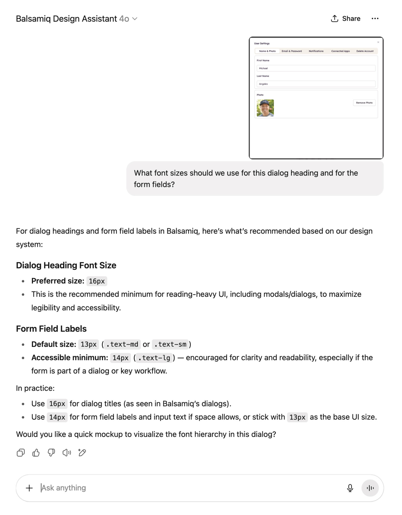 Screenshot of Balsamiq's design assistant custom GPT offering guidance around font sizes for a dialog heading and form field.