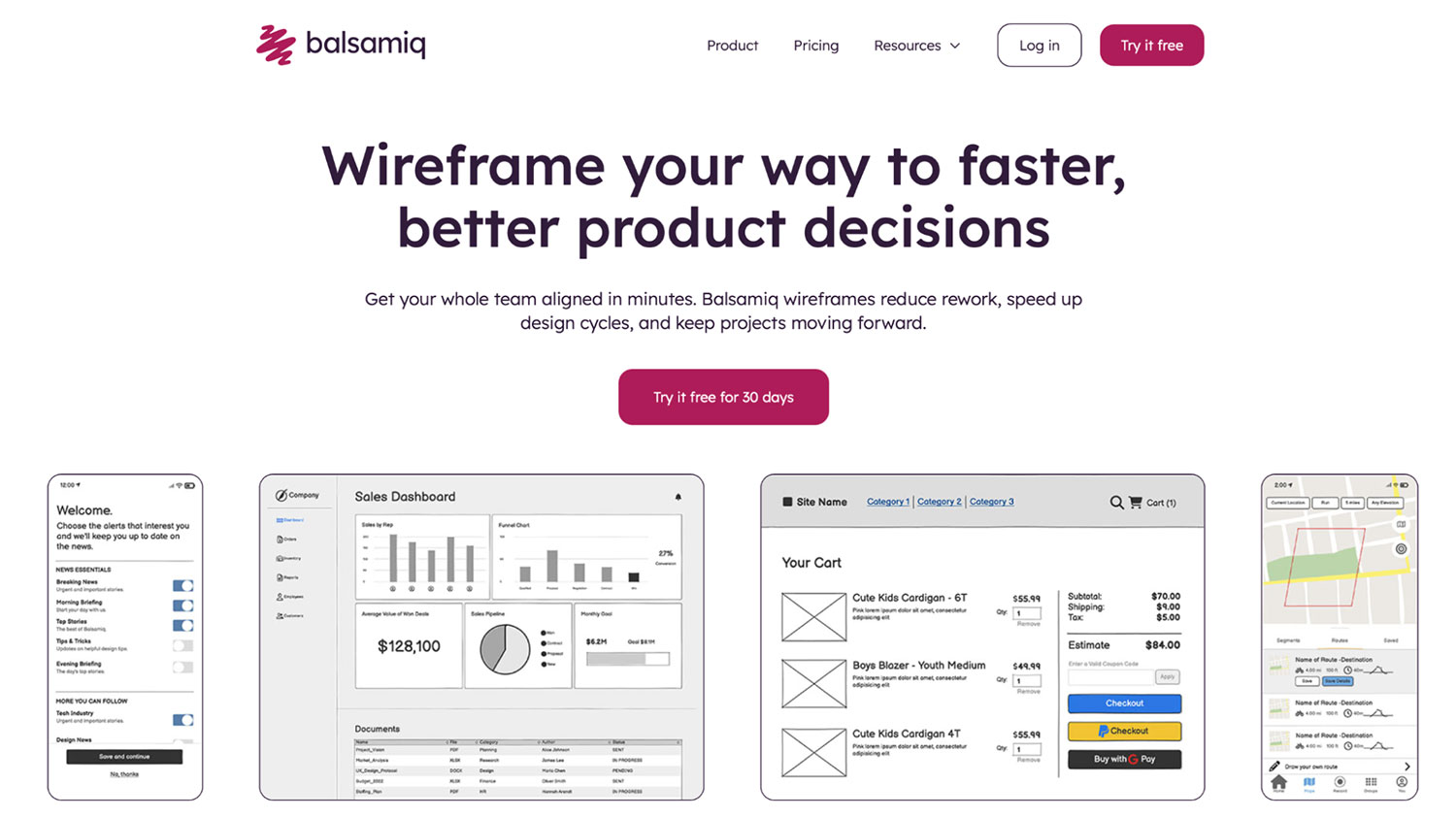 Screenshot of Balsamiq homepage with tagline “Wireframe your way to faster, better product decisions” and UI mockups.