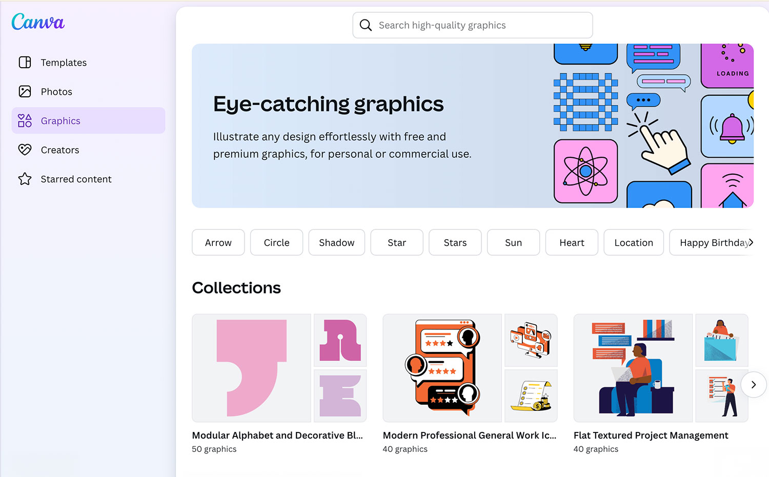 Canva's Graphics tab showing a search bar, graphic categories, and featured collections like Modular Alphabet, Work Icons, and Project Management