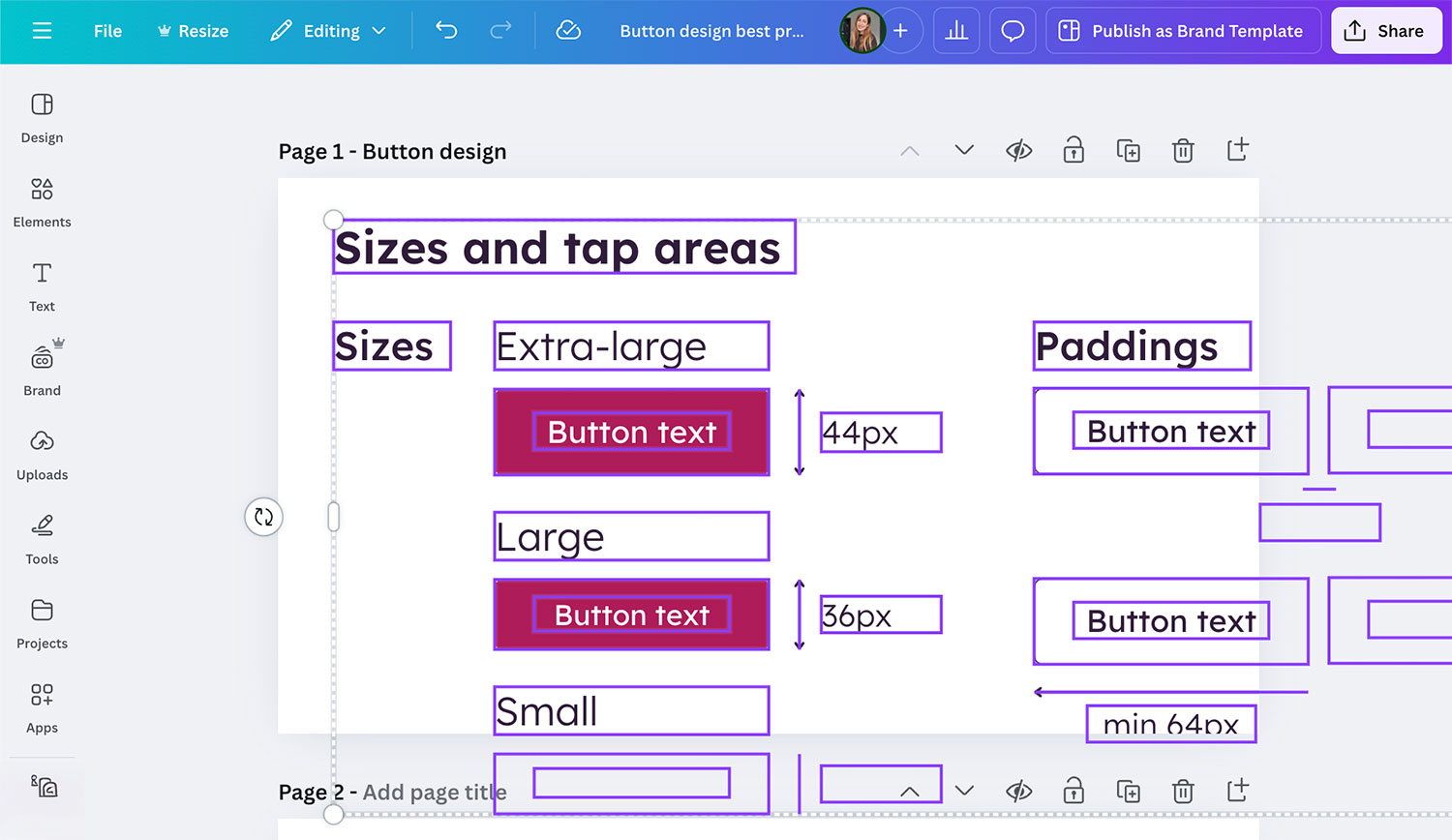 Canva interface showing a button design layout, illustrating the fixed grid and limited resizing options compared to flexible wireframing tools like Balsamiq.