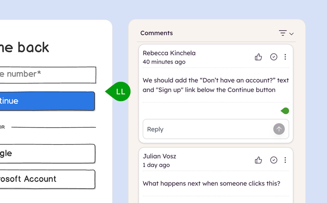 Example of comments in Balsamiq on a login form, suggesting text and link additions below the Continue button.