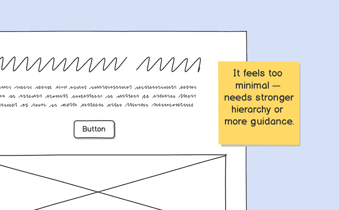 Wireframe layout with a comment noting that the design feels too minimal and suggesting stronger hierarchy or more guidance.