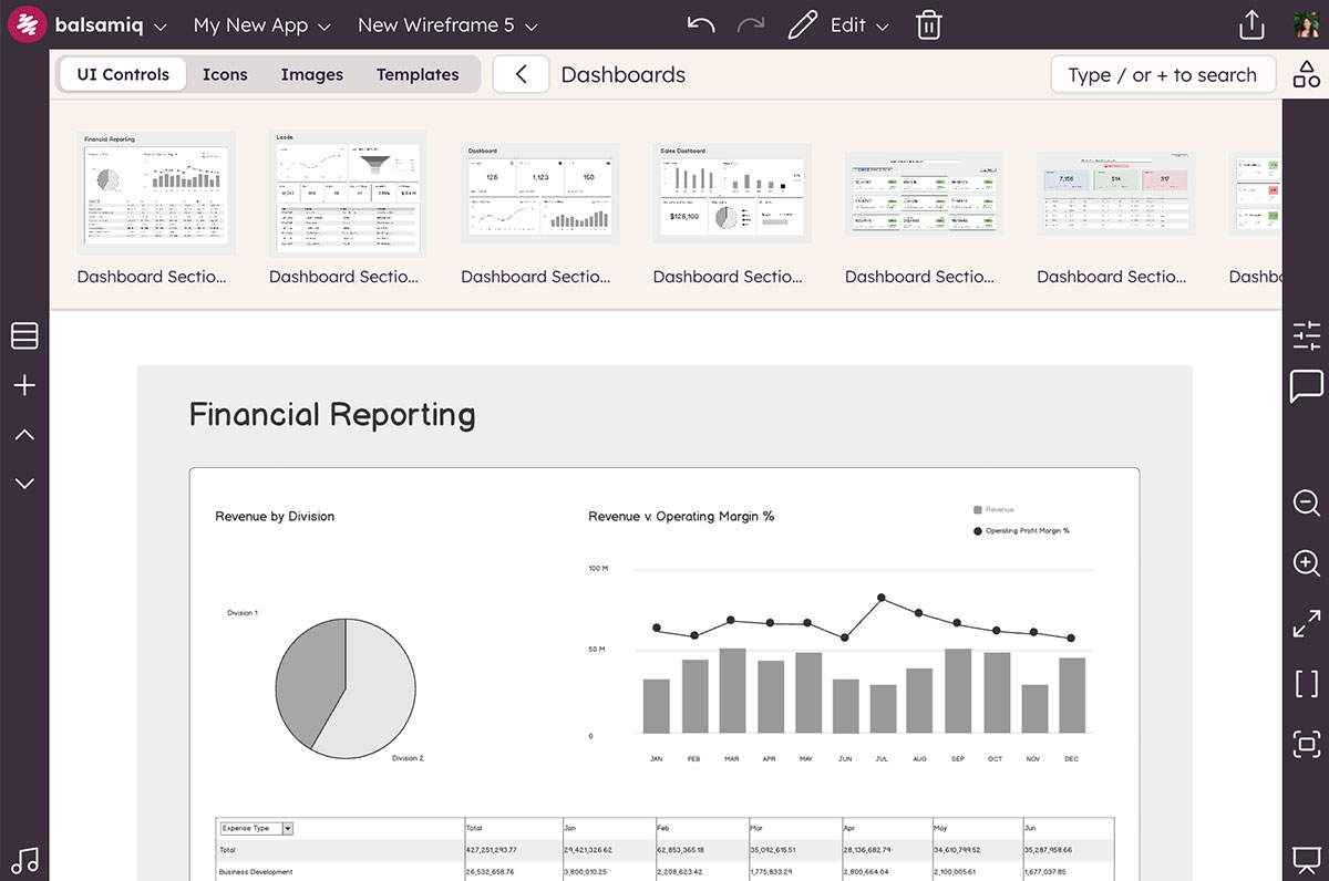 Screenshot of Balsamiq showing templates