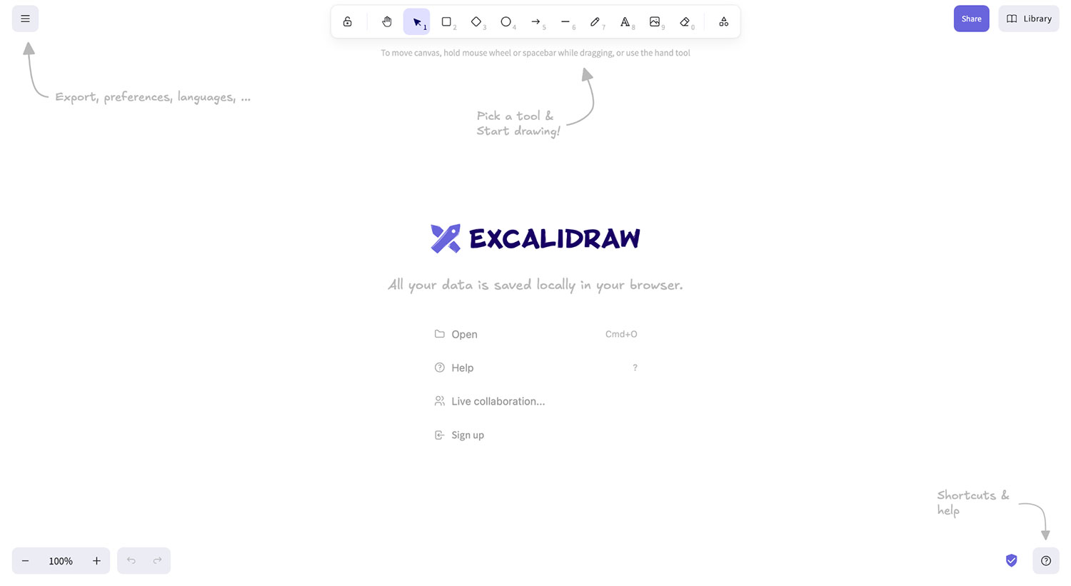 Excalidraw homepage with drawing toolbar and whiteboard