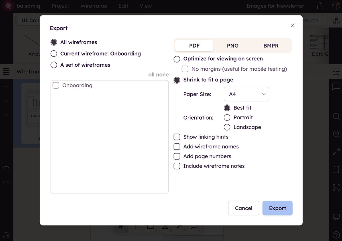 Balsamiq export panel with options to export wireframes as PDF, PNG, or BMPR, and settings for layout and annotations.