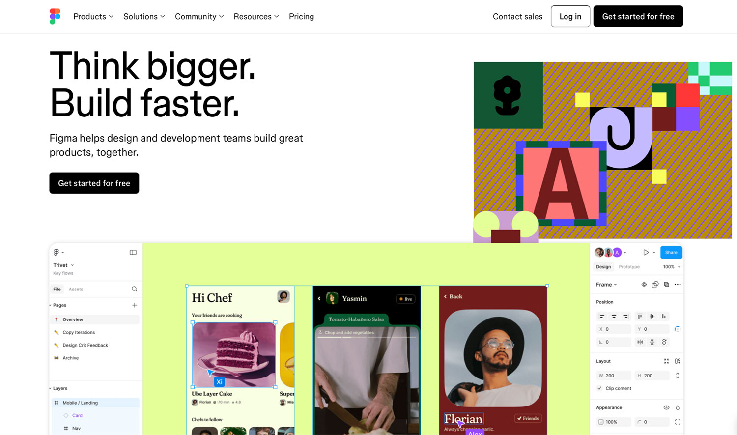 Screenshot of Figma homepage with tagline “Think bigger. Build faster.” and UI mockups for web and mobile design.
