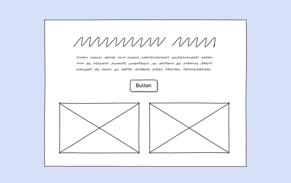 Simple wireframe layout with header, text, button, and two image placeholders.