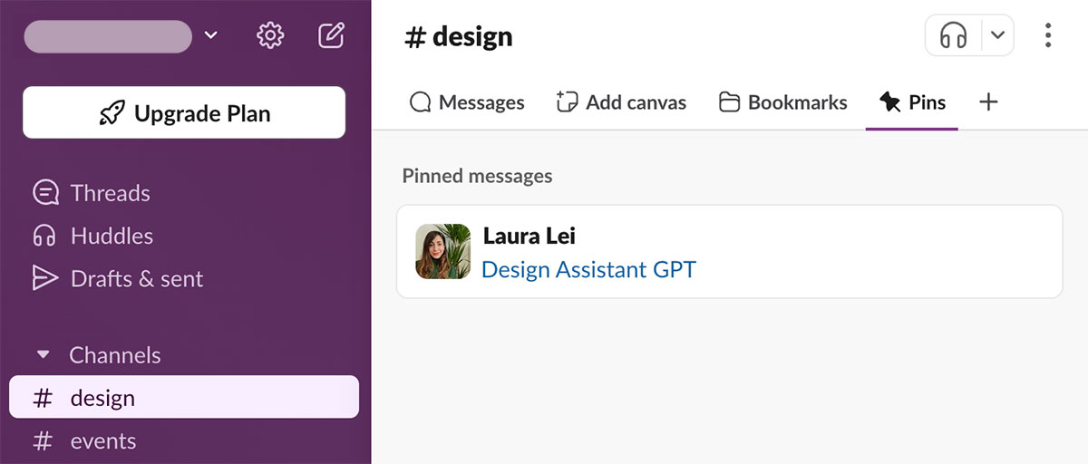 Slack view of the #design channel with the Design Assistant GPT pinned for quick access.