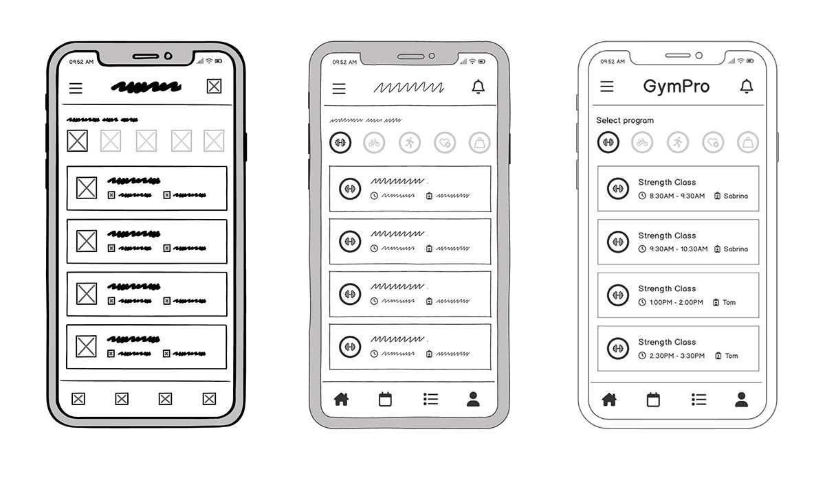 Examples of workout class mobile app wireframe screens