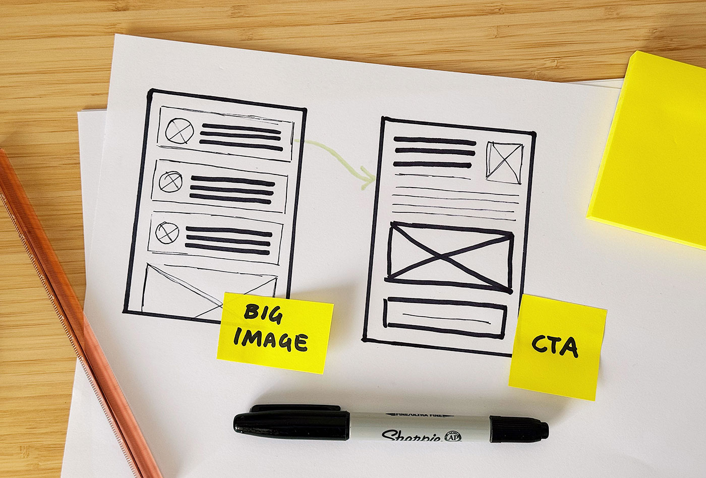Using a pen and paper to rough sketch your first wireframe.