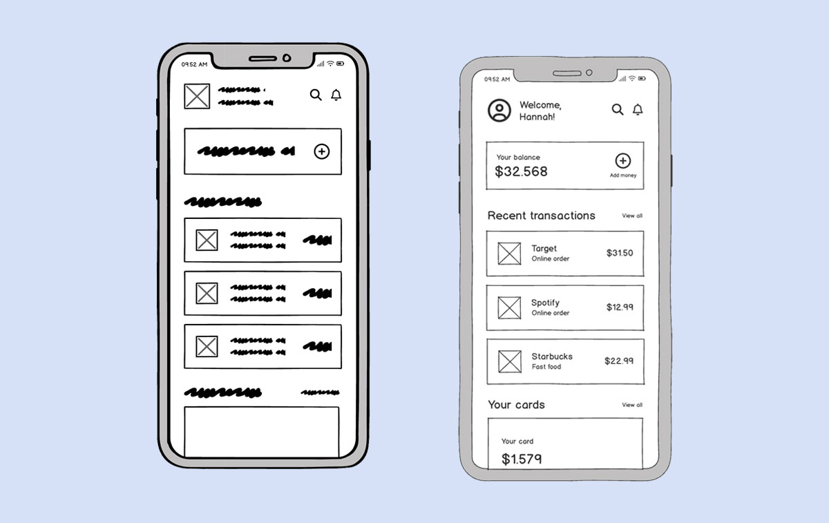 Side-by-side view of a low-fidelity and a medium-fidelity mobile app wireframe showing recent transactions and balance.