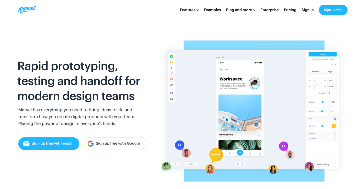 Screenshot of Marvel homepage with tagline about prototyping and UI showing a mobile design editor and team comments.