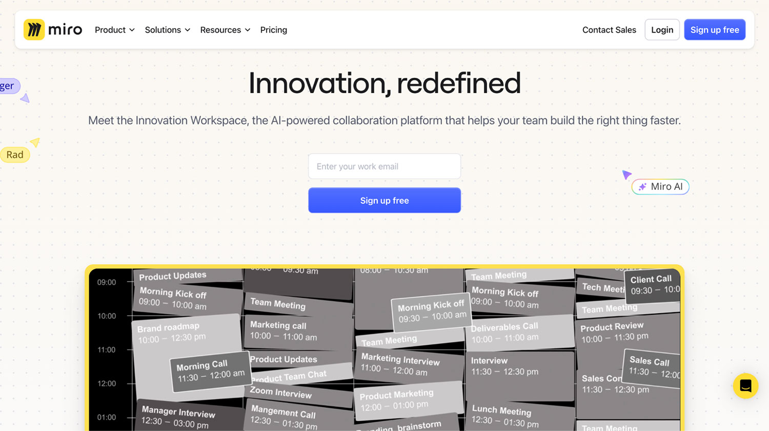 Miro homepage with “Innovation, redefined” tagline and a busy calendar showing meetings and team events