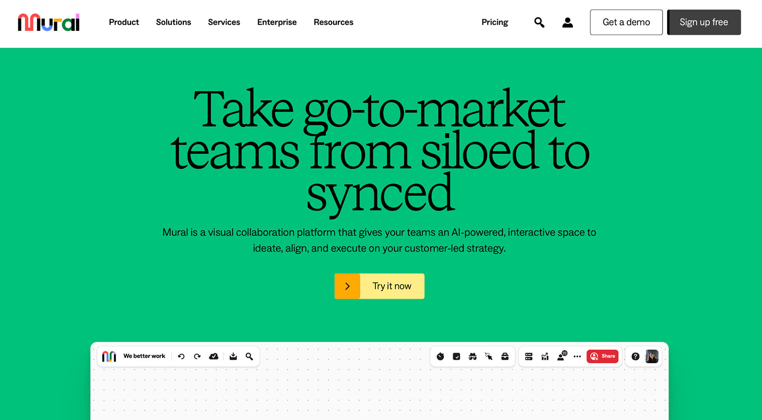 Mural homepage with tagline and whiteboard preview
