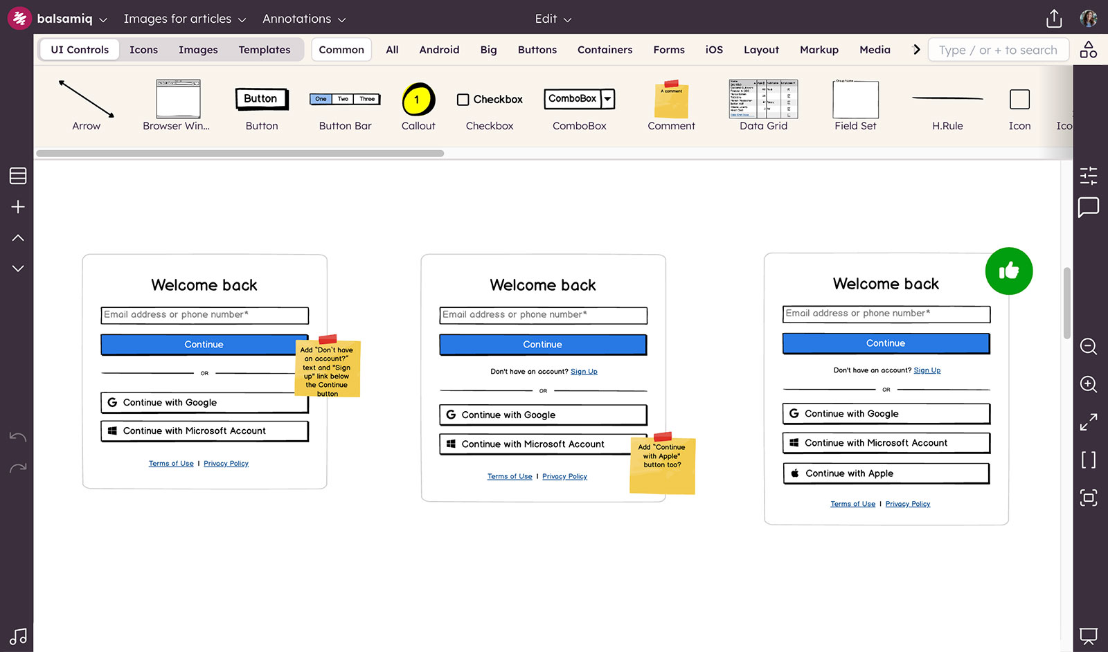 Three iterations of a login screen mockup with design notes and improvements.