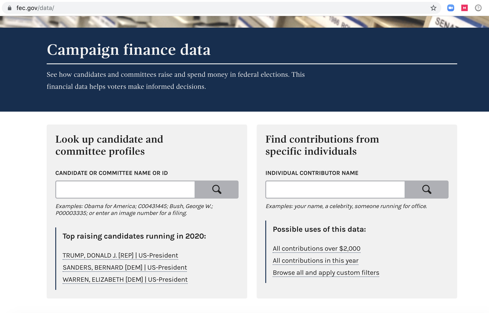 The homepage of the new Campaign Finance Portal