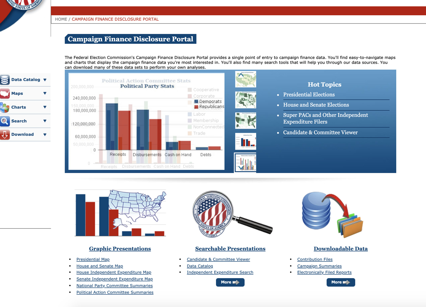 The homepage of the old Campaign Finance Portal