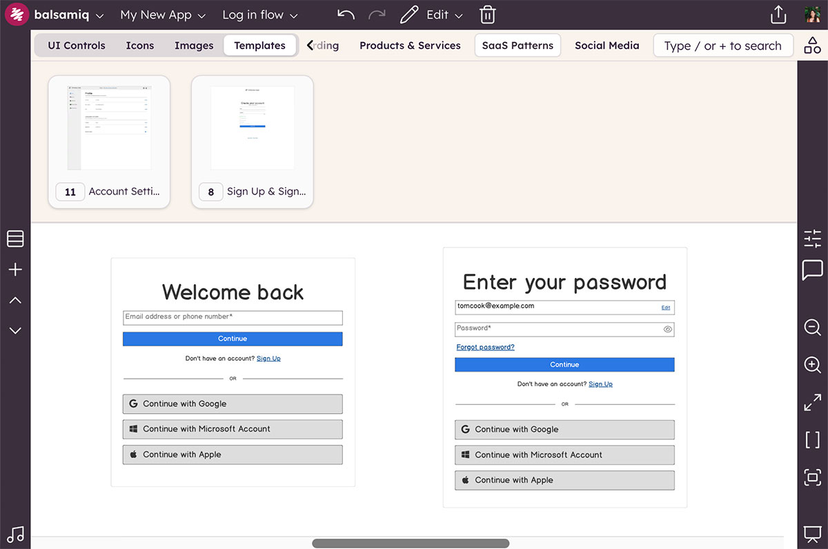 Screenshot of Balsamiq showing Account Settings and Sign Up templates
