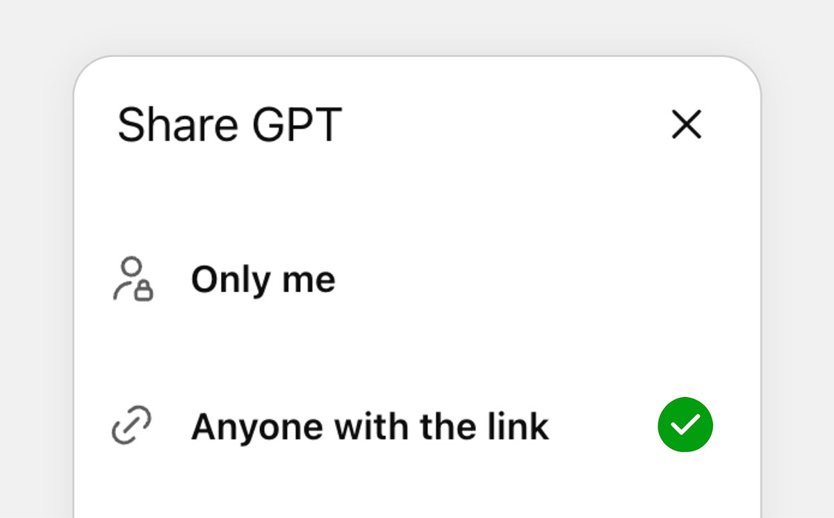 Share GPT settings showing 'Anyone with the link' selected and 'Only me' as an alternative option.