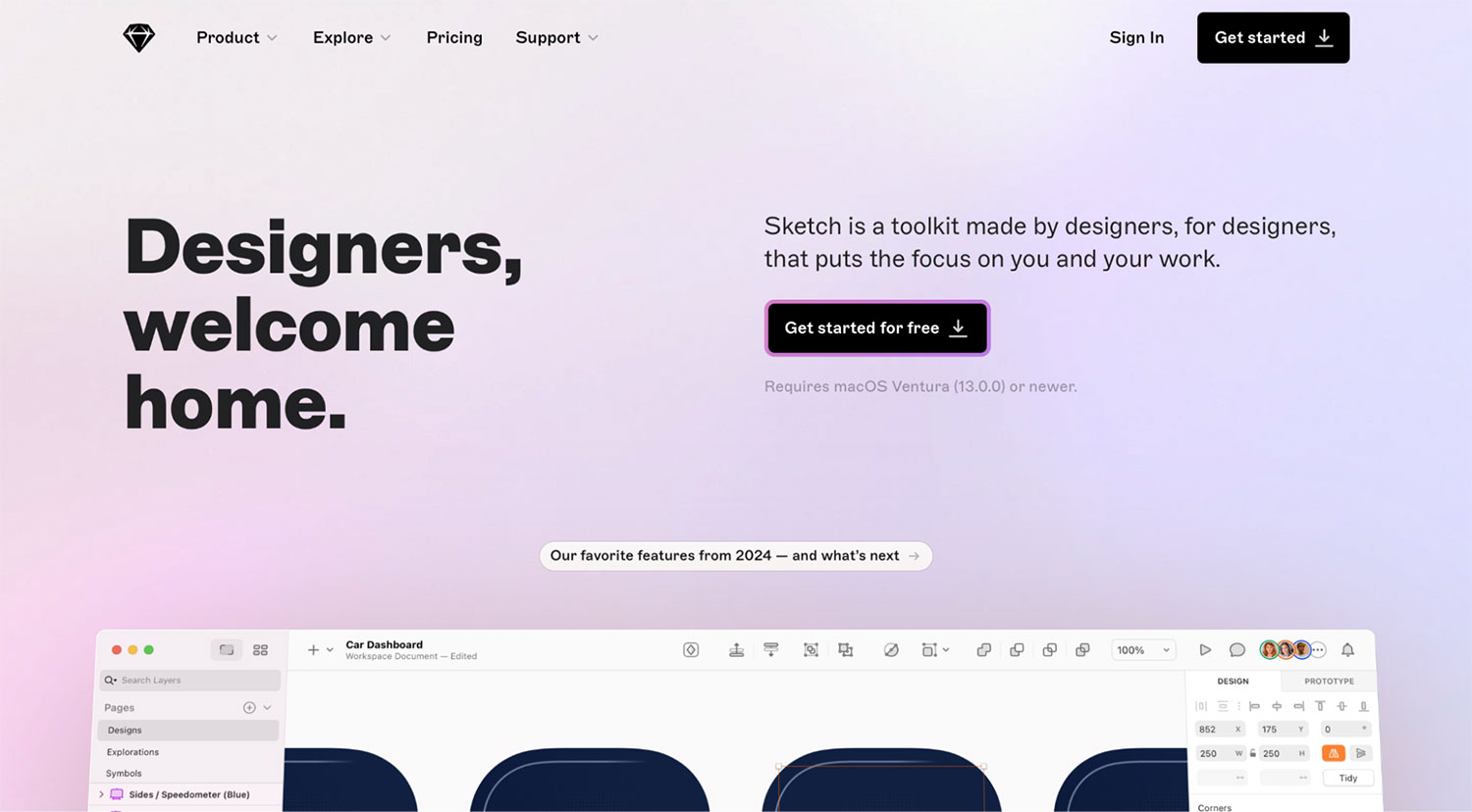 Screenshot of Sketch homepage with tagline “Designers, welcome home” and a Mac-based UI editor shown below.