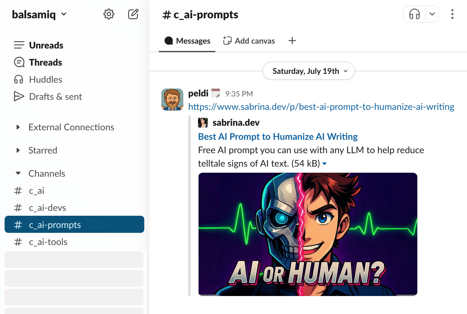 Balsamiq Slack screenshot showing the #c_ai-prompts channel with a shared AI prompt link and other AI-related channels in the sidebar.