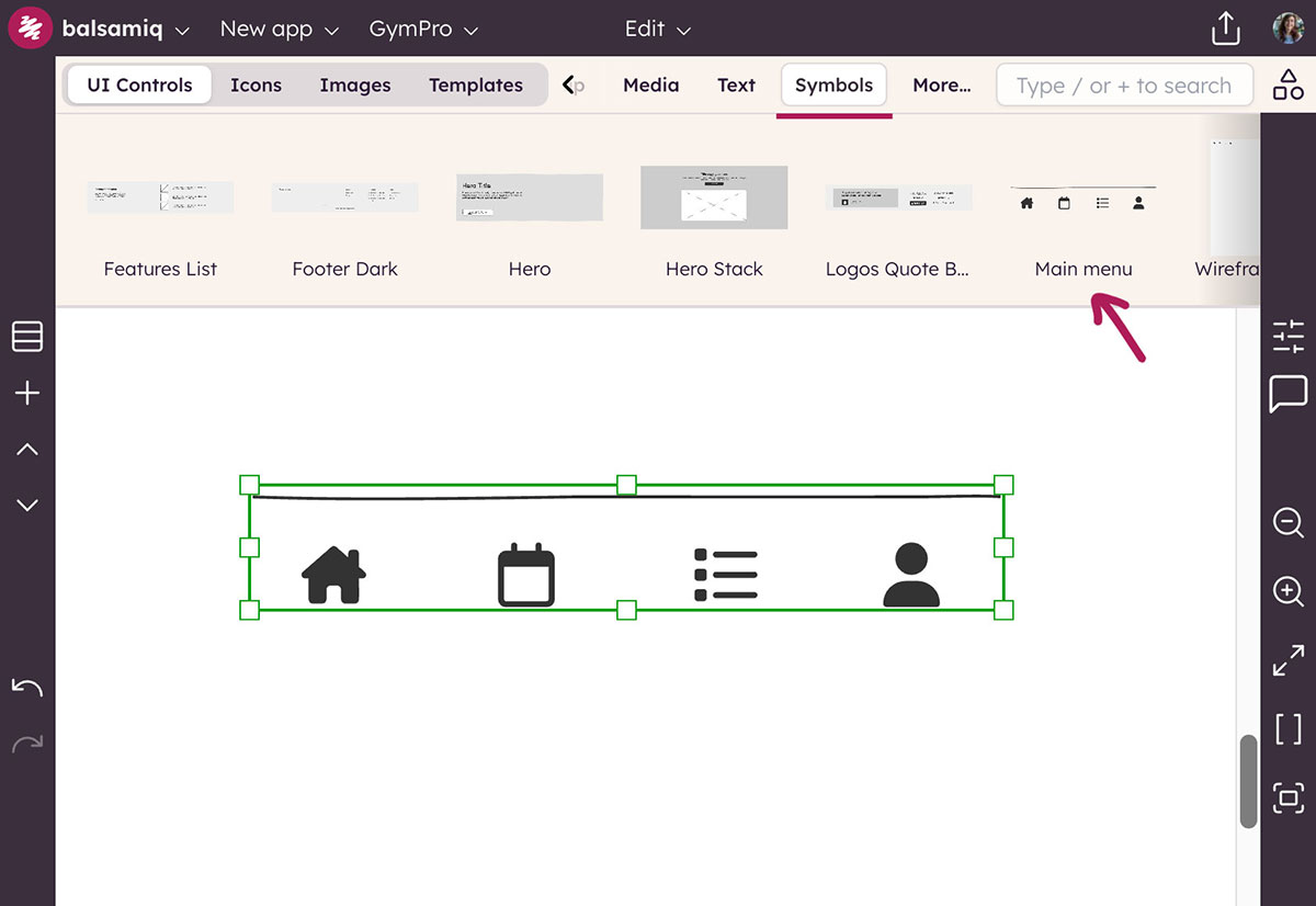 Balsamiq's drag-and-drop interface with pre-built UI components and icons