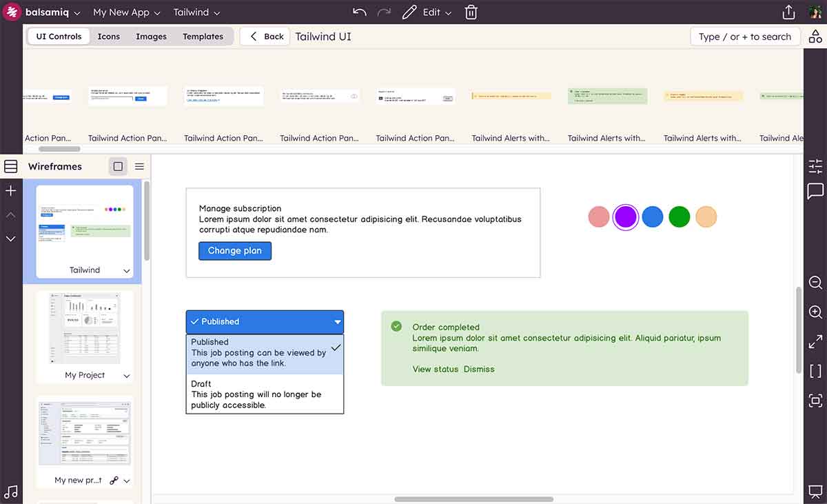 Screenshot of Balsamiq showing the Tailwind template
