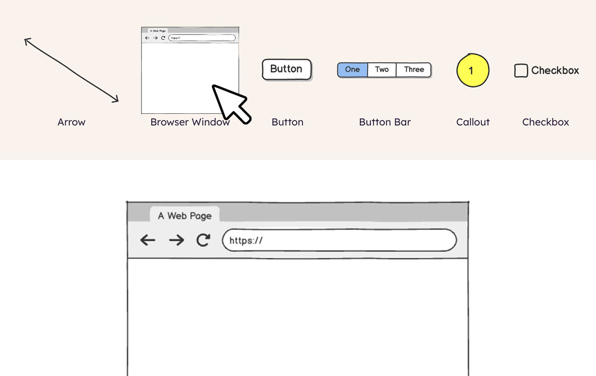 Balsamiq UI controls including arrow, browser window, button, button bar, callout, and checkbox, shown on a cream background.