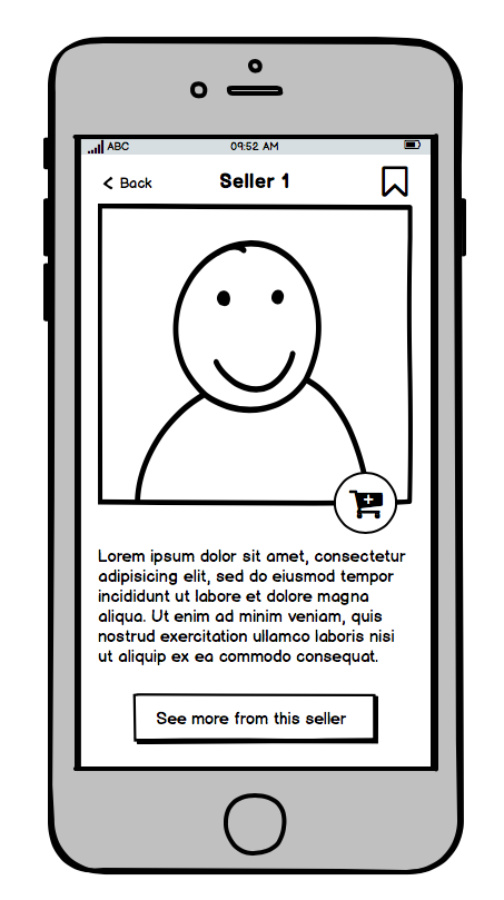 Wireframe of a mobile app with information about the seller.
