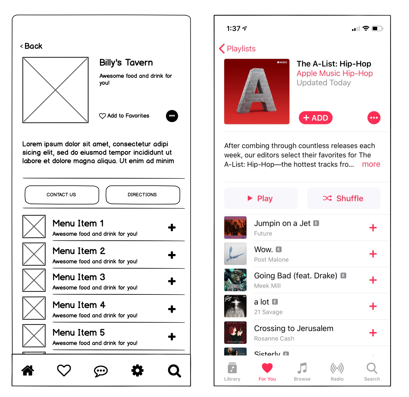 A screenshot of a streaming music app and a wireframe of a fictional food delivery app modeled on it.