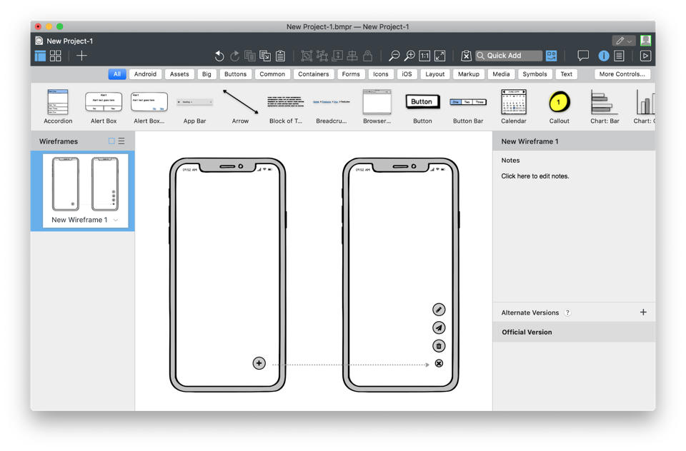 Screenshot of a Balsamiq wireframe with two mobile screens connected by an arrow to show interaction.