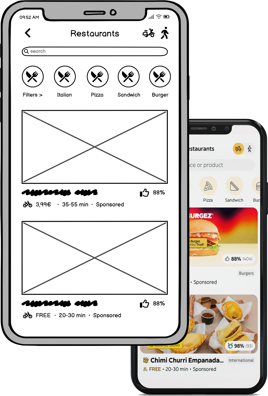 Side-by-side comparison of a low-fidelity wireframe built in Balsamiq and a high-fidelity wireframe