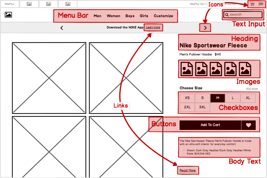 Example of UI Controls used in wireframe