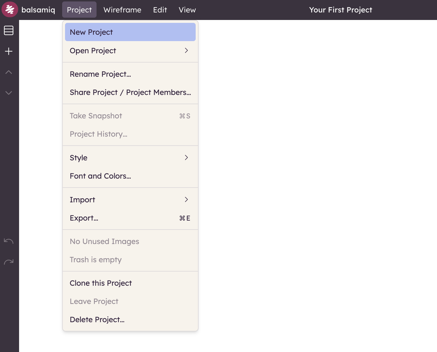 Use the project menu to start a new wireframing project or manage existing ones.