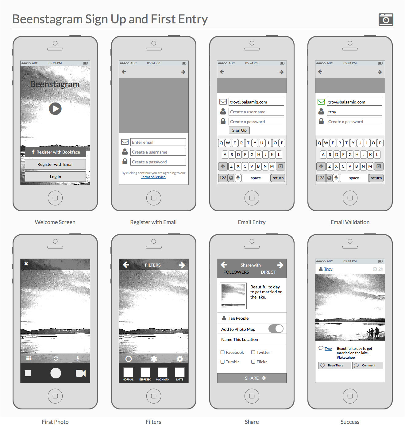 Series of photo-sharing app wireframes that form a storyboard for sign-up and first entry.