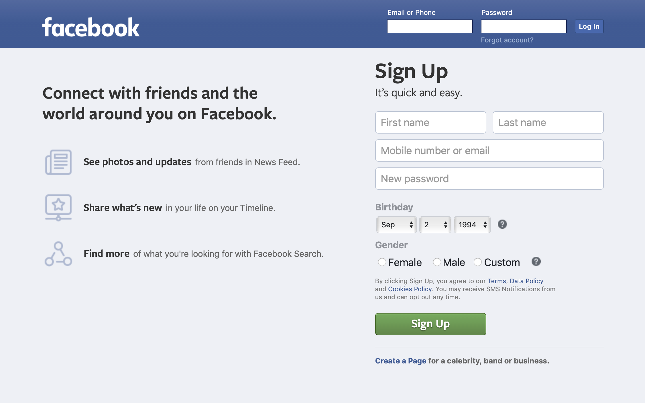 Screenshot of Facebook login page showing the six fields users need to fill in order to sign up.