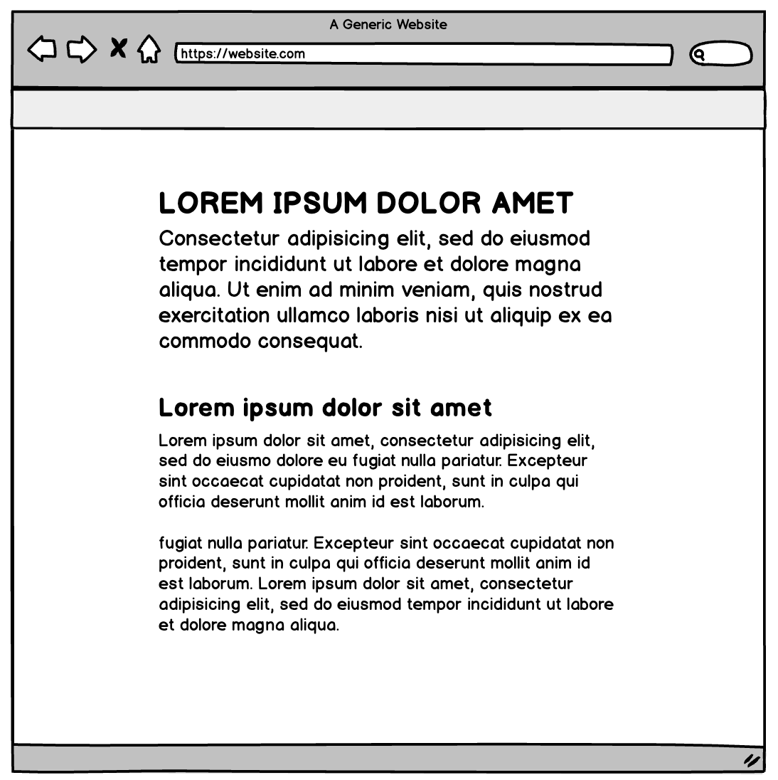 Balsamiq wireframe of a web page with placeholder text with some formatting (headlines).