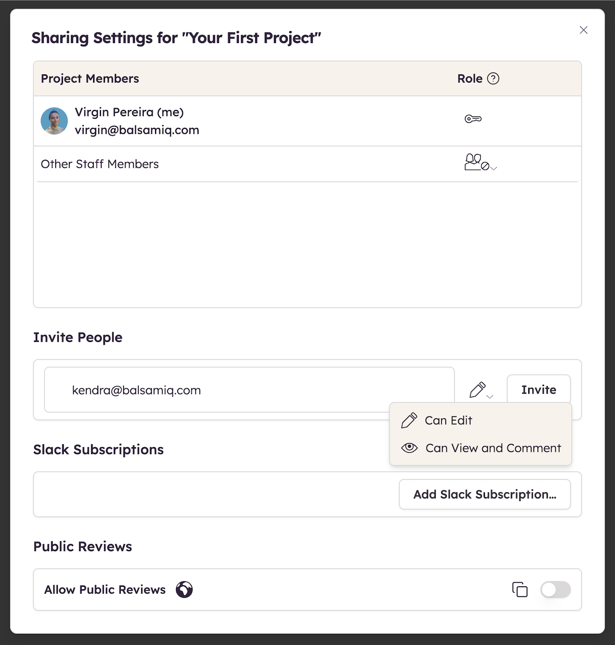 Screenshot of the Balsamiq sharing settings for “Your First Project,” where you can invite team members to streamline collaboration.