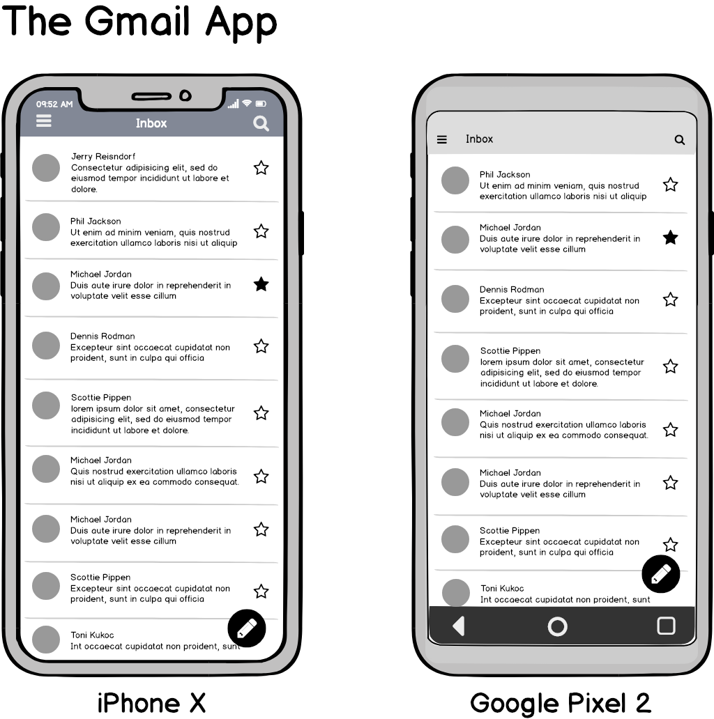 Wireframes of the Gmail mobile app as it appears on an iPhone X and a Google Pixel 2.
