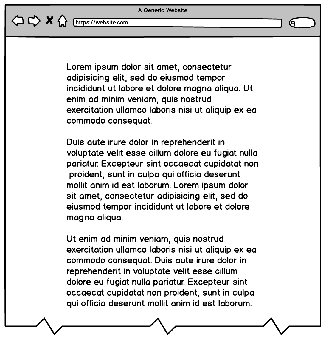 Balsamiq wireframe of a web page with placeholder text and no formatting.