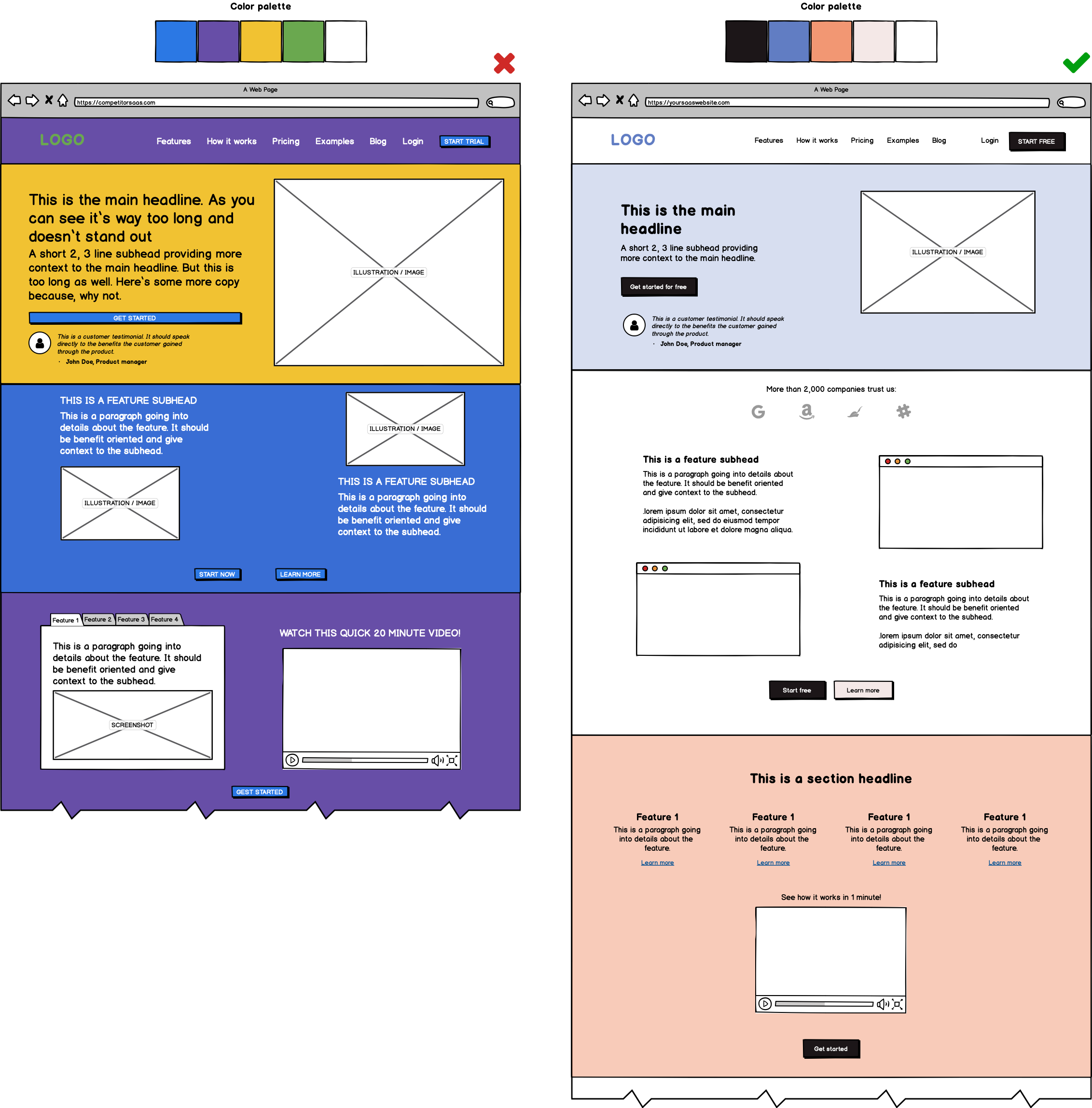 Two wireframes of web pages, one with clashing, bright colors, the other one with harmonious, subtle colors.
