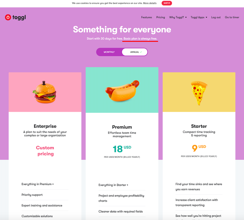 Toggl (a time tracking software) price page with three plans: Enterprise, Premium, and Starter.