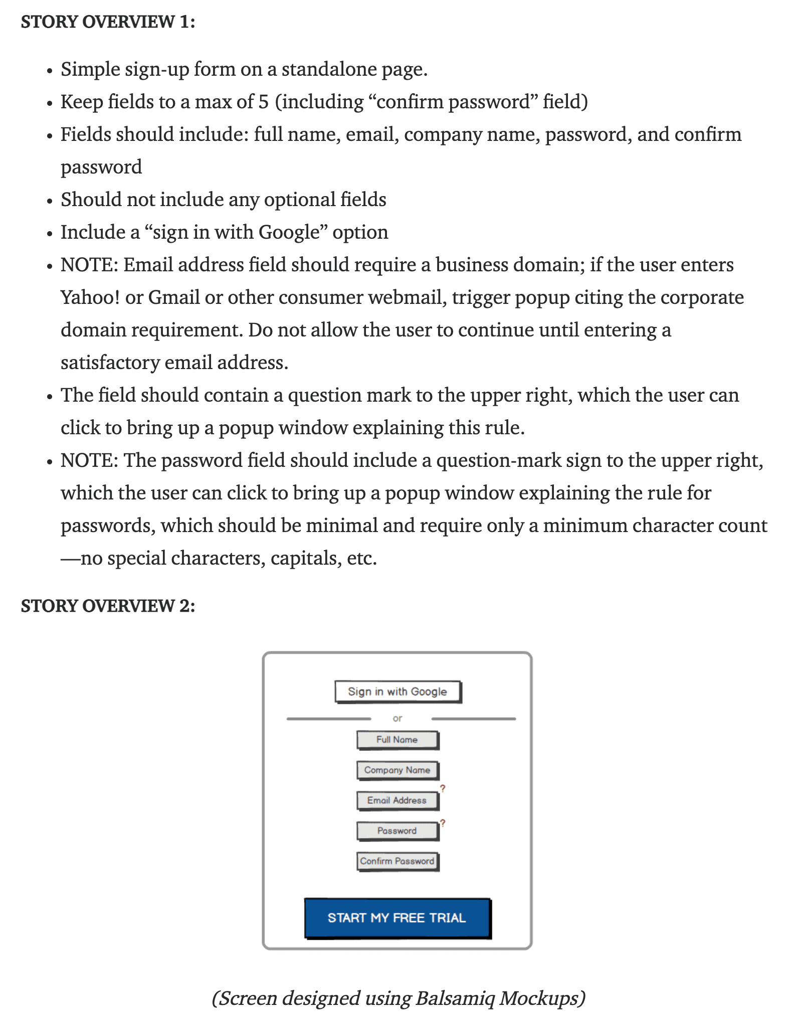 A series of requirements represented in two different versions: as a text list and as a wireframe.