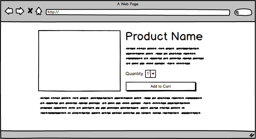 Wireframe of a product detail page where the different elements don’t have much space around them.
