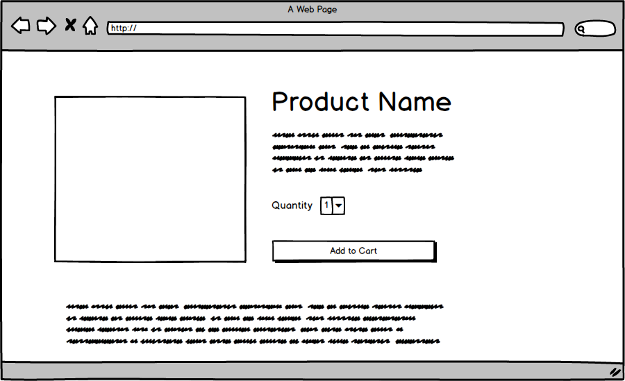Wireframe of a product detail page where the elements are more spread out.