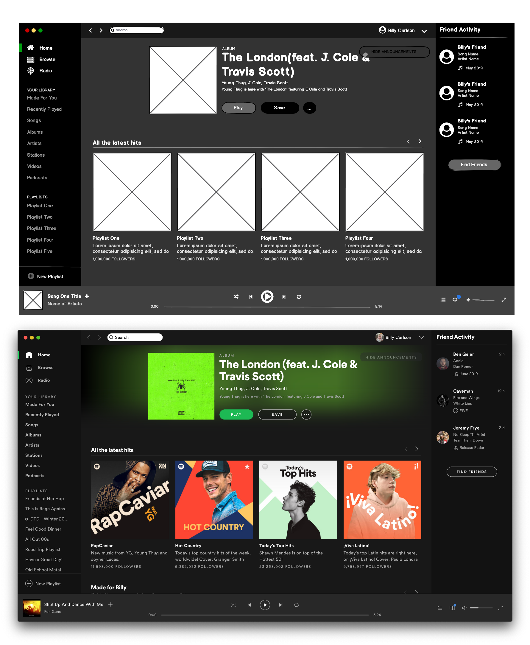 Screenshot of a Spotify desktop app album page and its wireframed version.