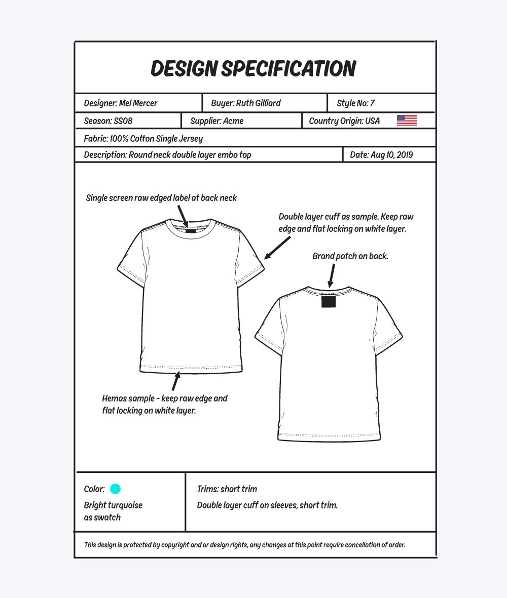A design specification for a t-shirt. It shows both sides of the shirt and lists some data such as its fabric and supplier.